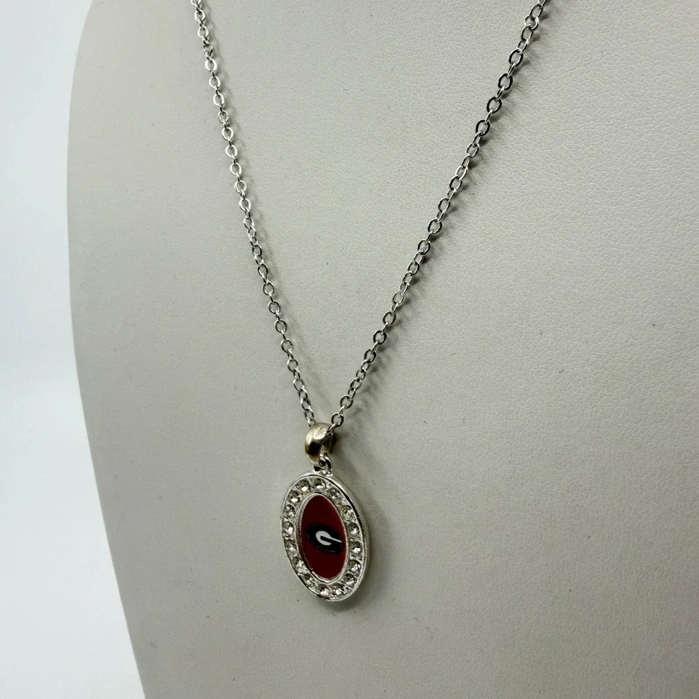 Georgia Bulldogs Sports Logo Oval Pendant Necklace Silver Tone Crystal Accent